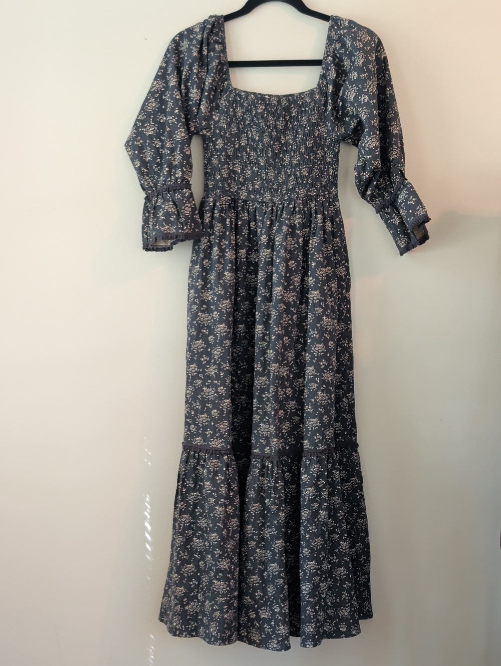 Smocked Square-Neck Maxi Dress in Blue Floral